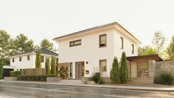 Stadtvilla bauen im Landkreis Emsland mit Thielker MassivHaus Moderne Stadtvilla mit heller Fassade, Vorgarten und Carport im Landkreis Emsland
