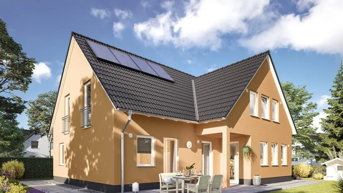 Modernes Einfamilienhaus mit Photovoltaik und Terrasse Modernes Einfamilienhaus mit gelber Fassade, dunklem Satteldach, Photovoltaikanlage, Terrasse und Garten