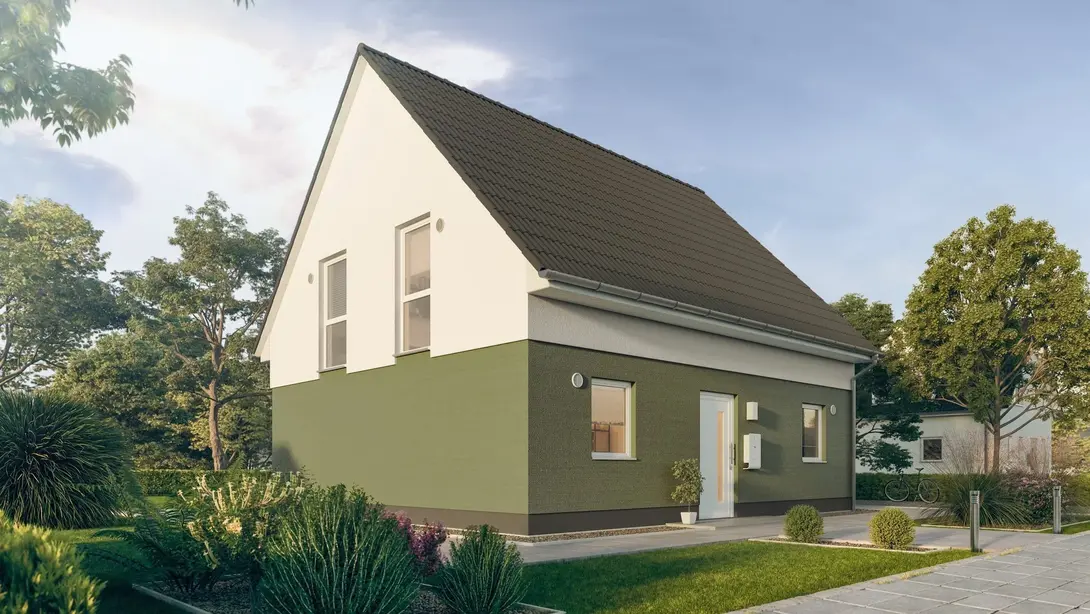 Modernes Einfamilienhaus mit Satteldach und zweifarbiger Putzfassade in ruhiger Wohnlage – Massivhaus von Thielker MassivHaus