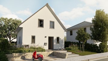 Modernes Einfamilienhaus mit heller Fassade, Satteldach, Vorgarten und gepflasterter Einfahrt im Landkreis Emsland