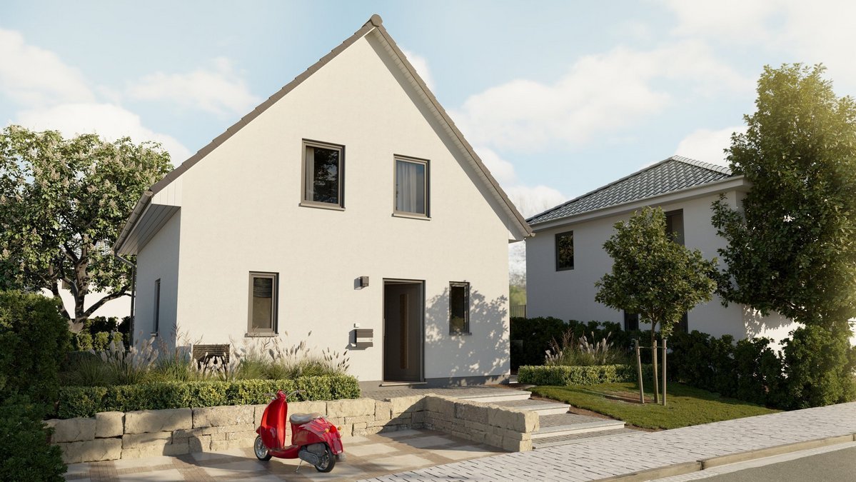 Modernes Einfamilienhaus mit heller Fassade, Satteldach, Vorgarten und gepflastertem Eingangsbereich