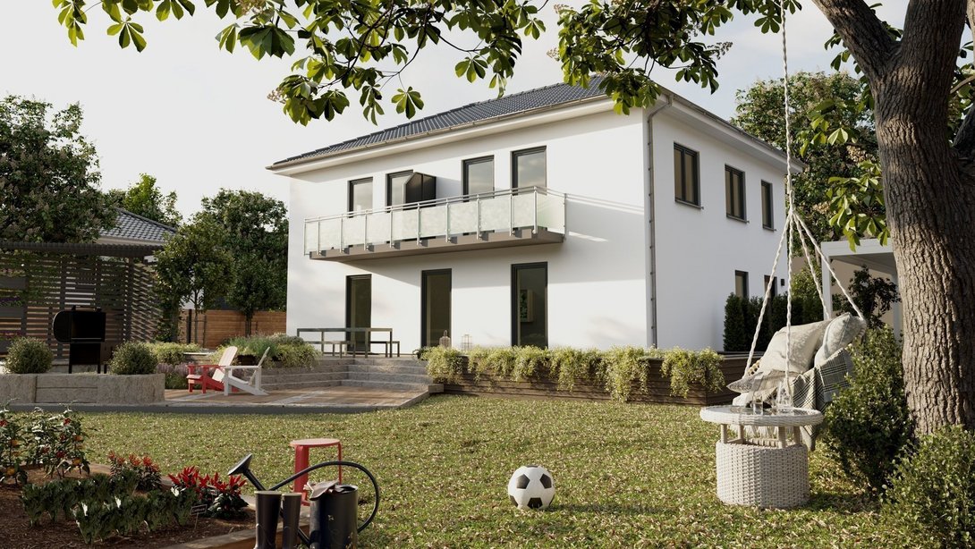 Stadtvilla bauen im Baugebiet Riesenbeck West Modernes Stadtvilla-Massivhaus mit hellem Putz, Balkon und großem Garten als Beispiel für Hausbau in Riesenbeck West