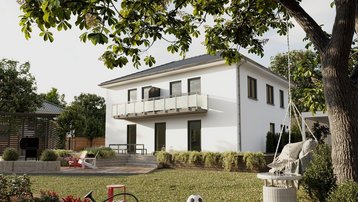 Moderne Stadtvilla mit Balkon und Garten Moderne Stadtvilla mit heller Fassade, Balkon, Garten, Schaukel und familienfreundlichem Außenbereich