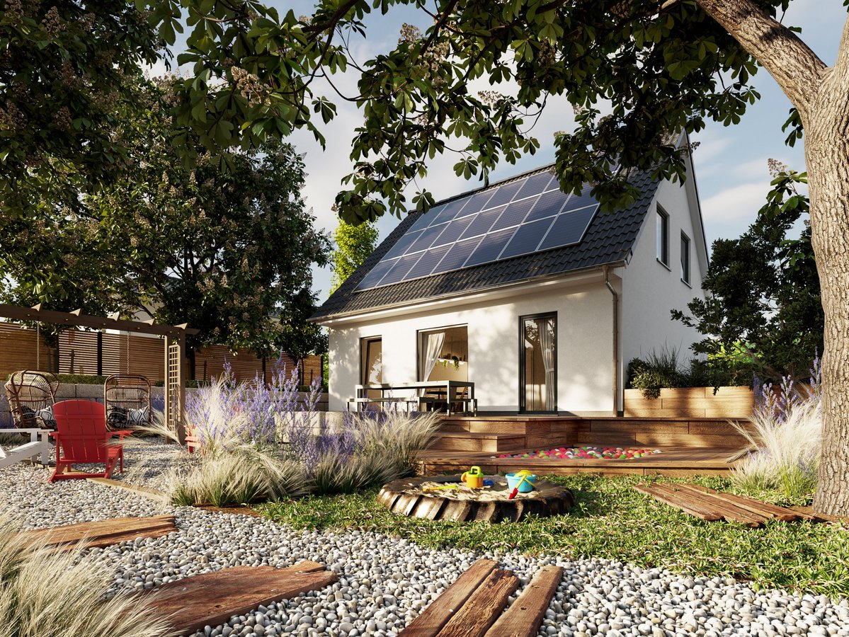 Modernes Einfamilienhaus mit Photovoltaikanlage und Gartenterrasse im Grünen.