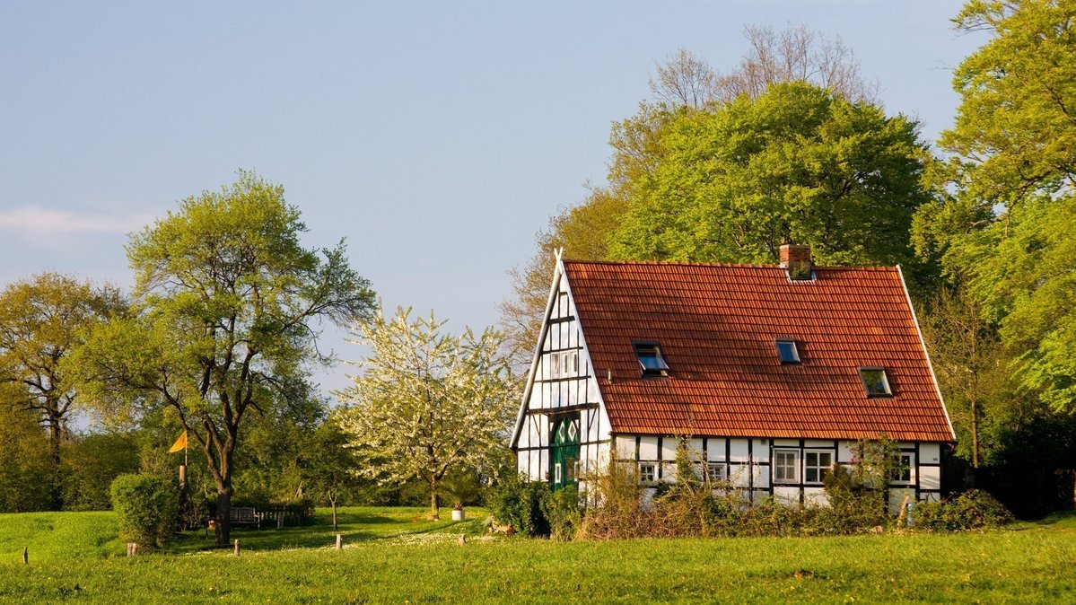 Historisches Fachwerkhaus mit rotem Satteldach auf einer grünen Wiese am Waldrand