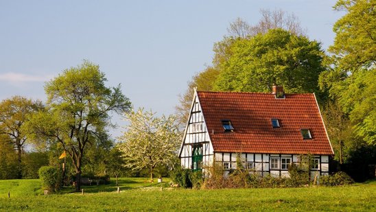 Historisches Fachwerkhaus mit rotem Satteldach auf einer grünen Wiese am Waldrand