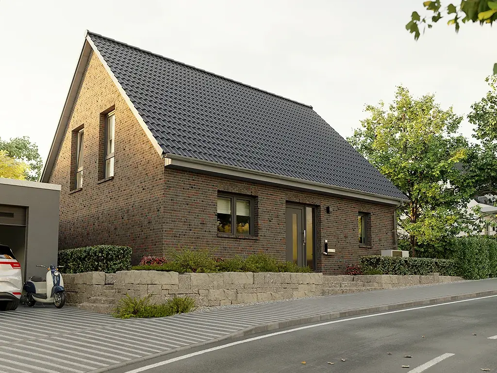 Flair 134 Massivhaus mit Klinkerfassade, Satteldach, Eingangsbereich und moderner Wohnlage