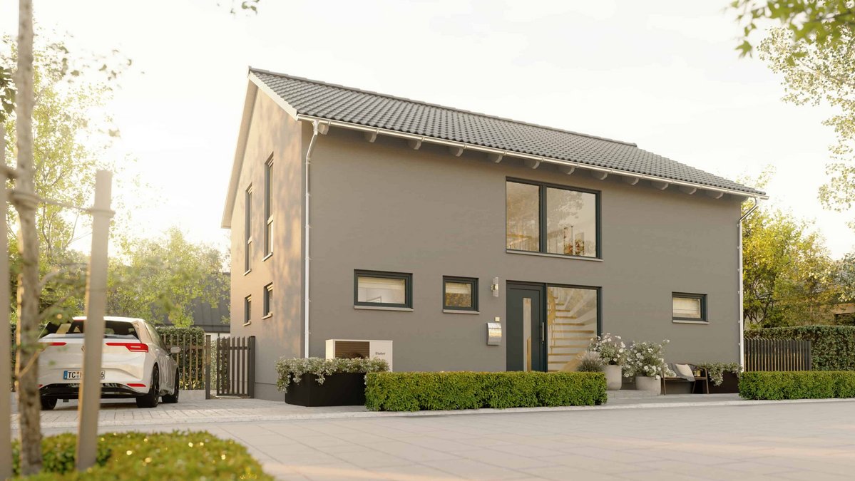 Modernes Einfamilienhaus mit grauer Fassade, Satteldach, großem Eingangsbereich und gepflegtem Vorgarten