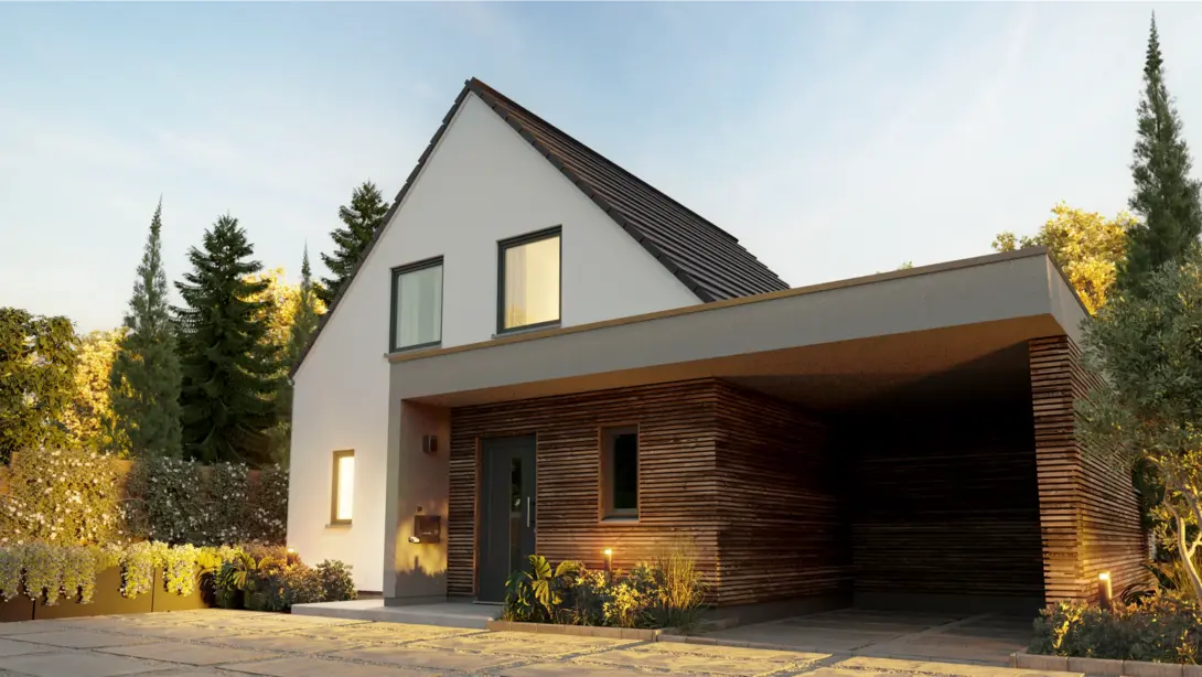 Modernes Einfamilienhaus mit Carport Modernes Einfamilienhaus mit Carport und Holzfassade – zeitgemäßes Massivhaus im Münsterland.