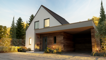 Modernes Einfamilienhaus im Landkreis Emsland bauen mit Thielker MassivHaus Modernes Einfamilienhaus mit Satteldach, Holzfassade, Carport und großzügiger Einfahrt im Landkreis Emsland