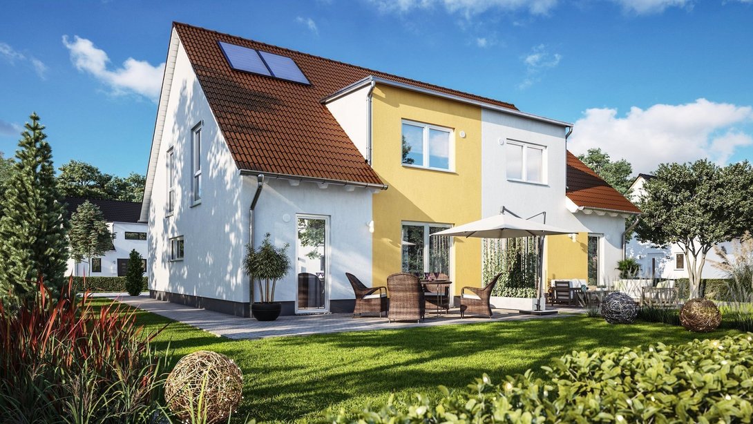 Einfamilienhaus bauen im Baugebiet Riesenbeck West Modernes Einfamilienhaus mit heller Fassade, gelbem Fassadenakzent, rotem Satteldach und Garten als Beispiel für Hausbau in Riesenbeck West