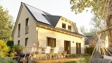 Einfamilienhaus mit Photovoltaik und Gartenterrasse Modernes Einfamilienhaus mit Photovoltaikanlage, Terrasse, Garten und Hängematte bei warmem Sonnenlicht